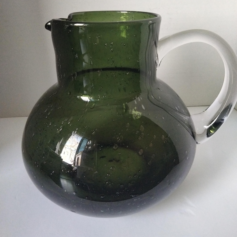 Vintage Art glass green pitcher with clear handle